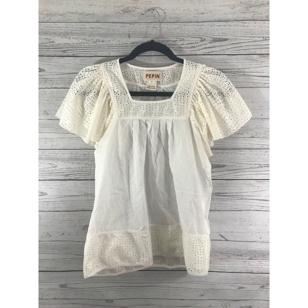 Anthropologie Pepin Eyelet Flutter Sleeve Top S